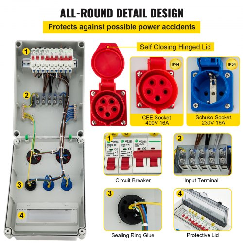 VEVOR Wall Power Distributor, ABS Plastic, Distribution Board with 3 x Schuko Socket 230V/16A Blue ABL IP54, 2 x CEE Socket 400V/16A 5-Pin Red ABL IP44, Circuit Breaker, for Outdoor Construction Site