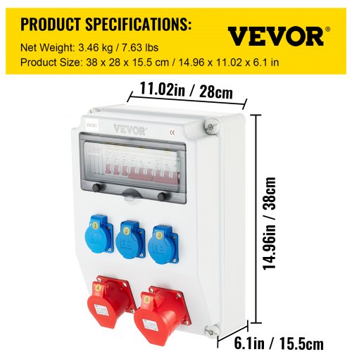 VEVOR Wall Power Distributor, ABS Plastic, Distribution Board with 3 x Schuko Socket 230V/16A Blue ABL IP54, 2 x CEE Socket 400V/16A 5-Pin Red ABL IP44, Circuit Breaker, for Outdoor Construction Site