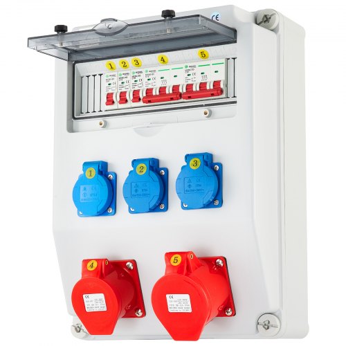 VEVOR Wall Power Distributor, ABS Plastic, Distribution Board with 3 x Schuko Socket 230V/16A Blue ABL IP54, 2 x CEE Socket 400V/16A 5-Pin Red ABL IP44, Circuit Breaker, for Outdoor Construction Site