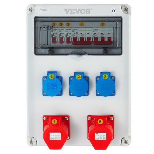 VEVOR Wall Power Distributor, ABS Plastic, Distribution Board with 3 x Schuko Socket 230V/16A Blue ABL IP54, 2 x CEE Socket 400V/16A 5-Pin Red ABL IP44, Circuit Breaker, for Outdoor Construction Site
