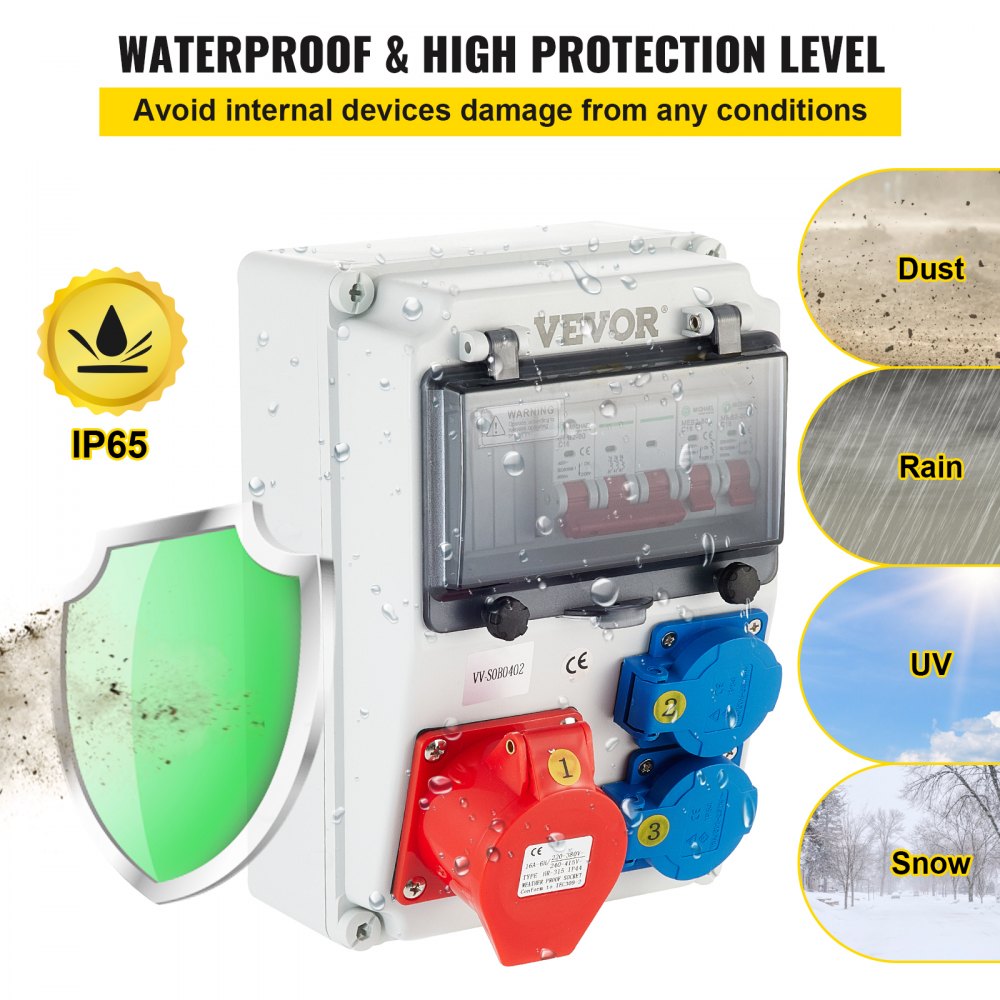 VEVOR Wall Power Distributor, ABS Plastic, Distribution Board with 2 x Schuko Socket 230V/16A ABL IP54, 1 x CEE Socket 400V/16A 5-Pin ABL IP44, 1/3-Pin Circuit Breaker, for Outdoor Construction Site