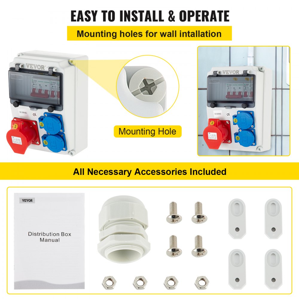 VEVOR Wall Power Distributor, ABS Plastic, Distribution Board with 2 x Schuko Socket 230V/16A ABL IP54, 1 x CEE Socket 400V/16A 5-Pin ABL IP44, 1/3-Pin Circuit Breaker, for Outdoor Construction Site
