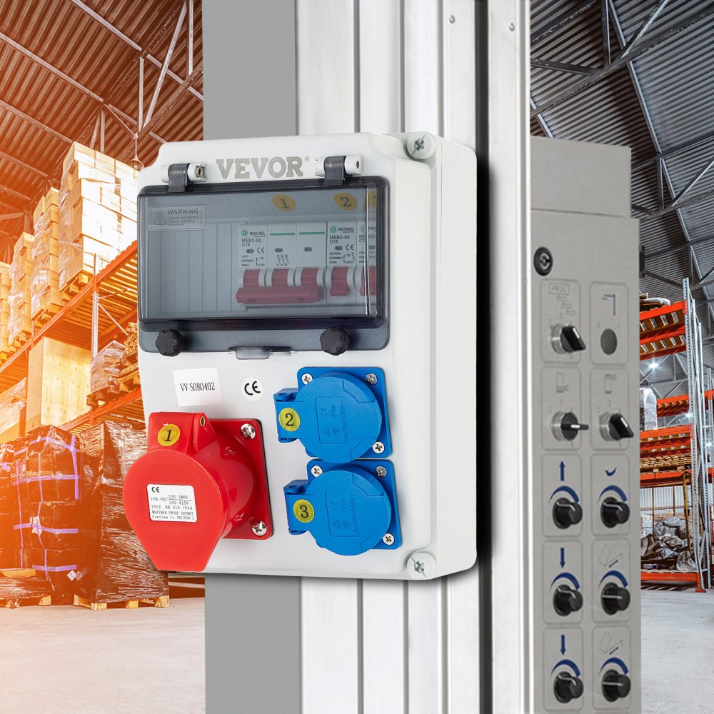 VEVOR Wall Power Distributor, ABS Plastic, Distribution Board with 2 x Schuko Socket 230V/16A ABL IP54, 1 x CEE Socket 400V/16A 5-Pin ABL IP44, 1/3-Pin Circuit Breaker, for Outdoor Construction Site