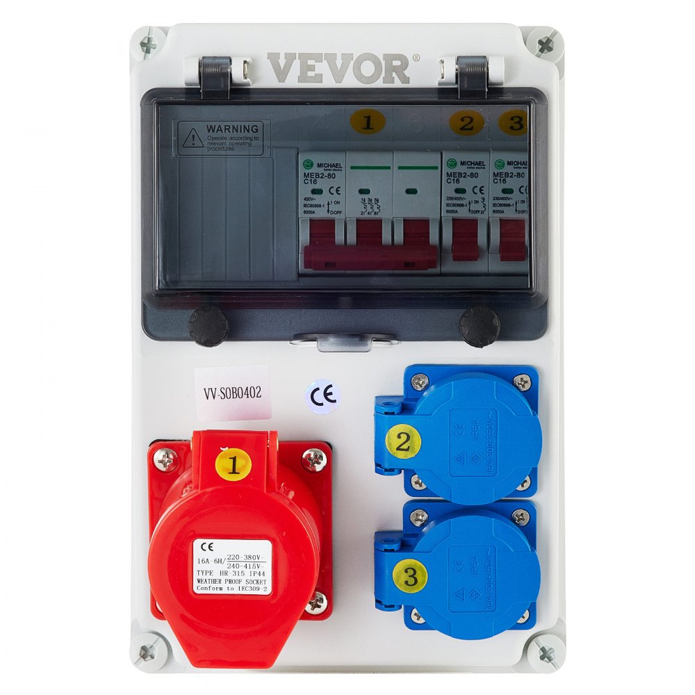 VEVOR Wall Power Distributor, ABS Plastic, Distribution Board with 2 x Schuko Socket 230V/16A ABL IP54, 1 x CEE Socket 400V/16A 5-Pin ABL IP44, 1/3-Pin Circuit Breaker, for Outdoor Construction Site