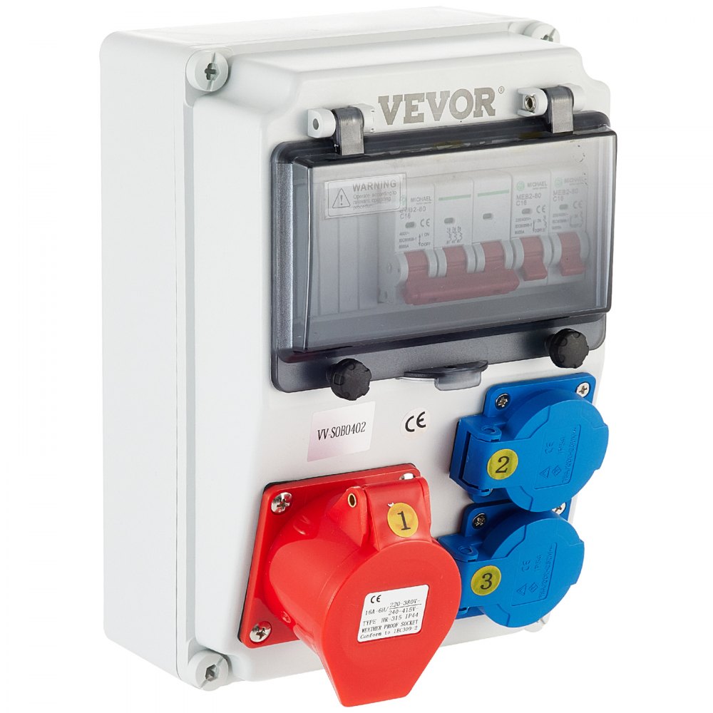 VEVOR Wall Power Distributor, ABS Plastic, Distribution Board with 2 x Schuko Socket 230V/16A ABL IP54, 1 x CEE Socket 400V/16A 5-Pin ABL IP44, 1/3-Pin Circuit Breaker, for Outdoor Construction Site