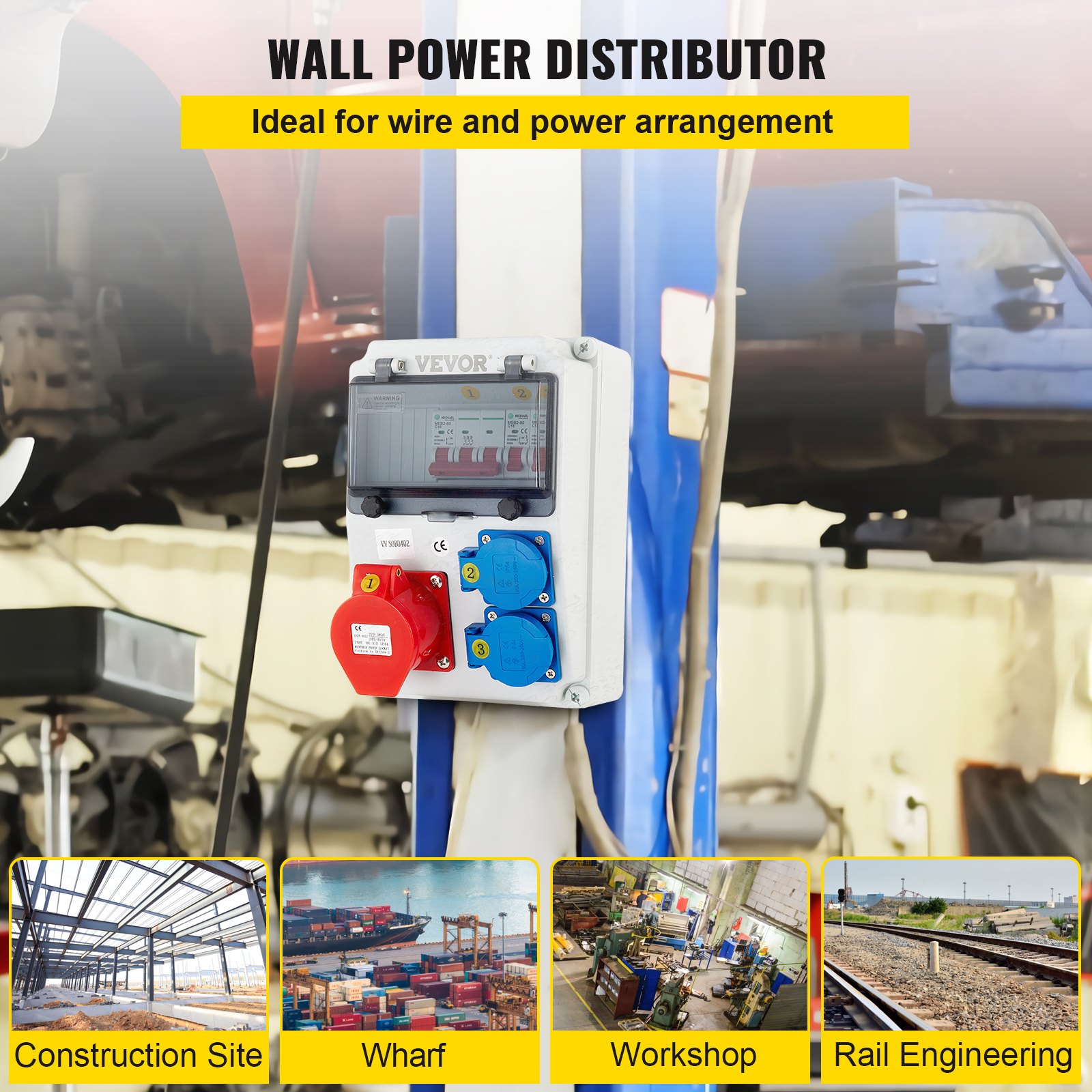 VEVOR Wall Power Distributor, ABS Plastic, Distribution Board with 2 x Schuko Socket 230V/16A ABL IP54, 1 x CEE Socket 400V/16A 5-Pin ABL IP44, 1/3-Pin Circuit Breaker, for Outdoor Construction Site
