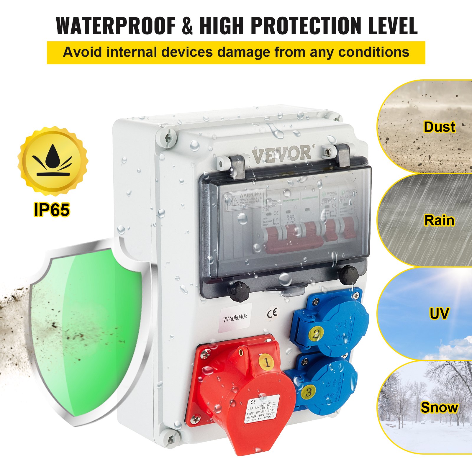 VEVOR Wall Power Distributor, ABS Plastic, Distribution Board with 2 x Schuko Socket 230V/16A ABL IP54, 1 x CEE Socket 400V/16A 5-Pin ABL IP44, 1/3-Pin Circuit Breaker, for Outdoor Construction Site