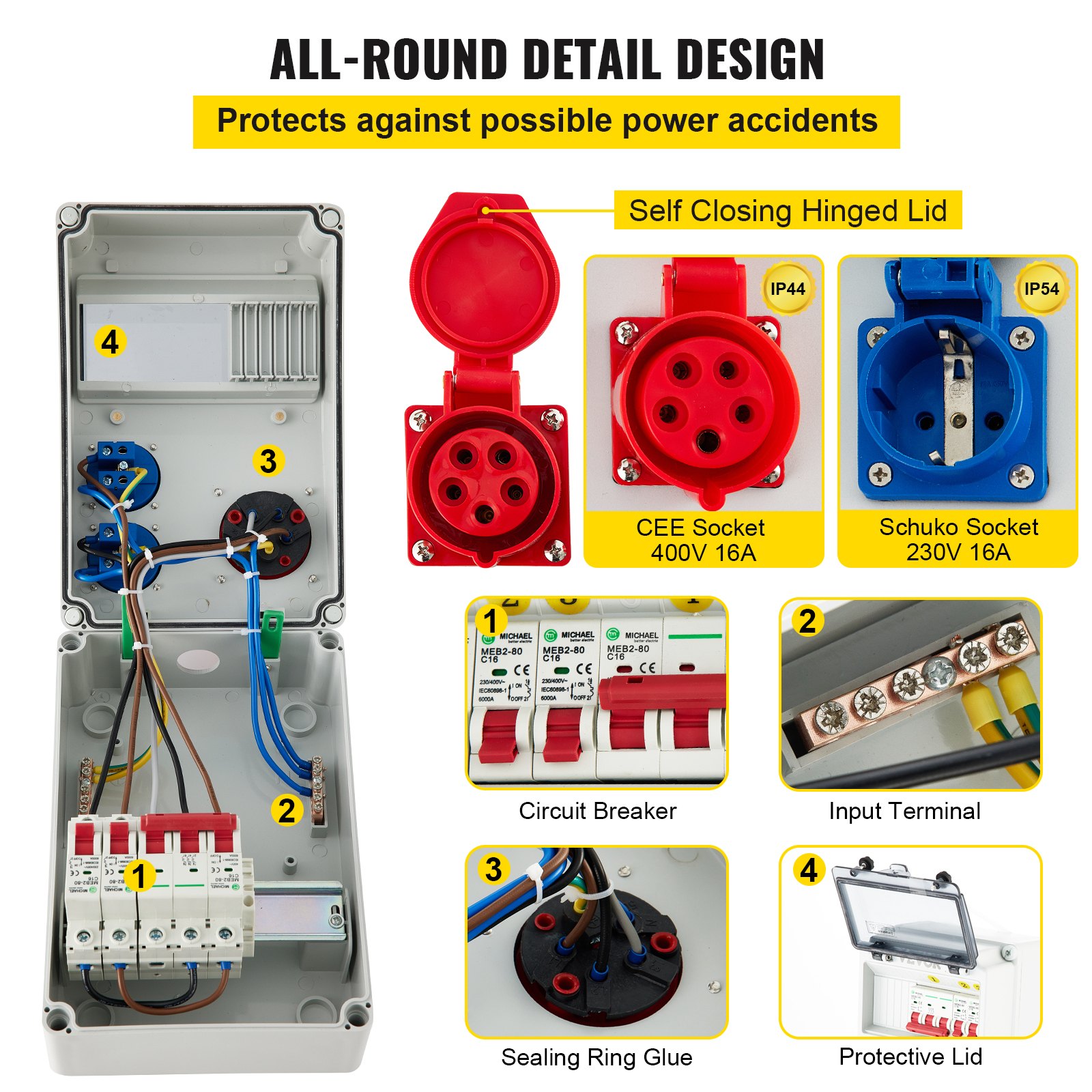 VEVOR Wall Power Distributor, ABS Plastic, Distribution Board with 2 x Schuko Socket 230V/16A ABL IP54, 1 x CEE Socket 400V/16A 5-Pin ABL IP44, 1/3-Pin Circuit Breaker, for Outdoor Construction Site