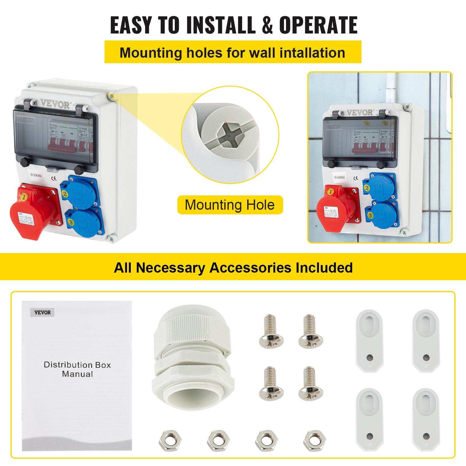 VEVOR Wall Power Distributor, ABS Plastic, Distribution Board with 2 x Schuko Socket 230V/16A ABL IP54, 1 x CEE Socket 400V/16A 5-Pin ABL IP44, 1/3-Pin Circuit Breaker, for Outdoor Construction Site