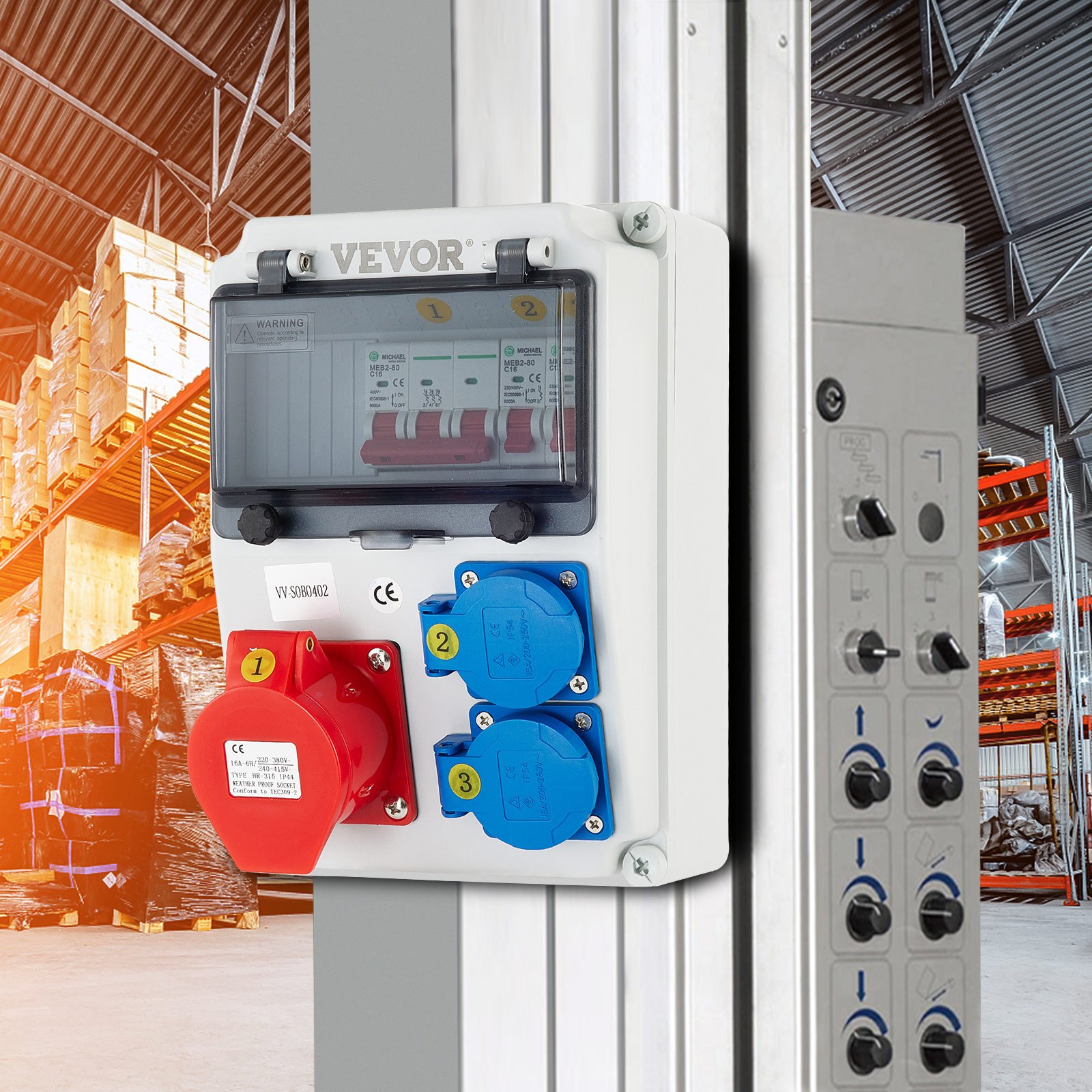 VEVOR Wall Power Distributor, ABS Plastic, Distribution Board with 2 x Schuko Socket 230V/16A ABL IP54, 1 x CEE Socket 400V/16A 5-Pin ABL IP44, 1/3-Pin Circuit Breaker, for Outdoor Construction Site