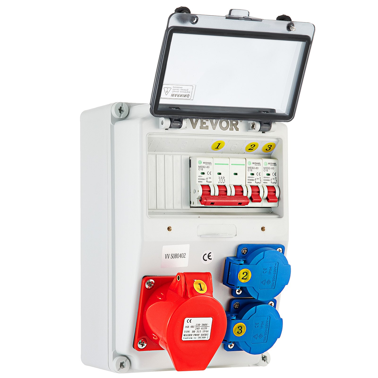 VEVOR Wall Power Distributor, ABS Plastic, Distribution Board with 2 x Schuko Socket 230V/16A ABL IP54, 1 x CEE Socket 400V/16A 5-Pin ABL IP44, 1/3-Pin Circuit Breaker, for Outdoor Construction Site