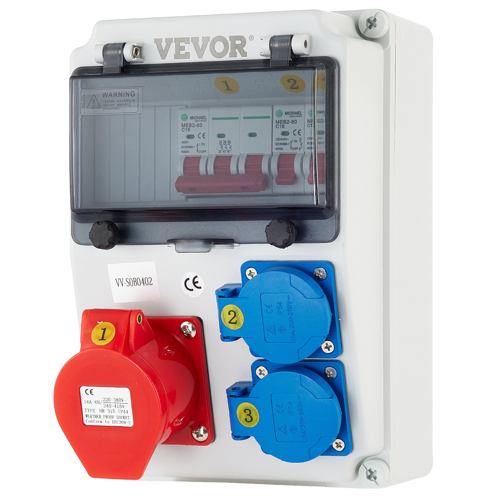 VEVOR Wall Power Distributor, ABS Plastic, Distribution Board with 2 x Schuko Socket 230V/16A ABL IP54, 1 x CEE Socket 400V/16A 5-Pin ABL IP44, 1/3-Pin Circuit Breaker, for Outdoor Construction Site