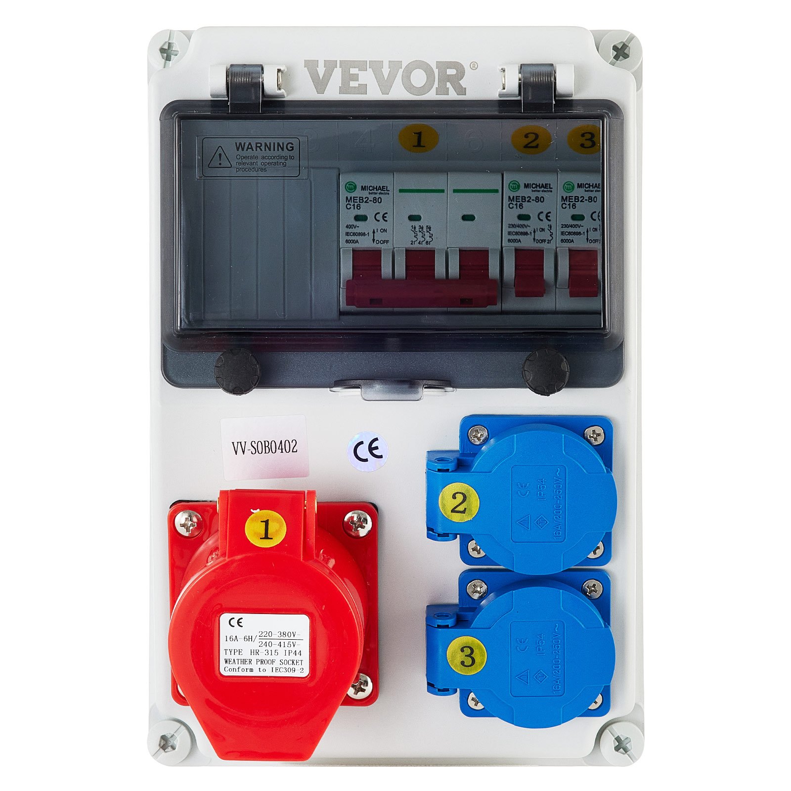 VEVOR Wall Power Distributor, ABS Plastic, Distribution Board with 2 x Schuko Socket 230V/16A ABL IP54, 1 x CEE Socket 400V/16A 5-Pin ABL IP44, 1/3-Pin Circuit Breaker, for Outdoor Construction Site