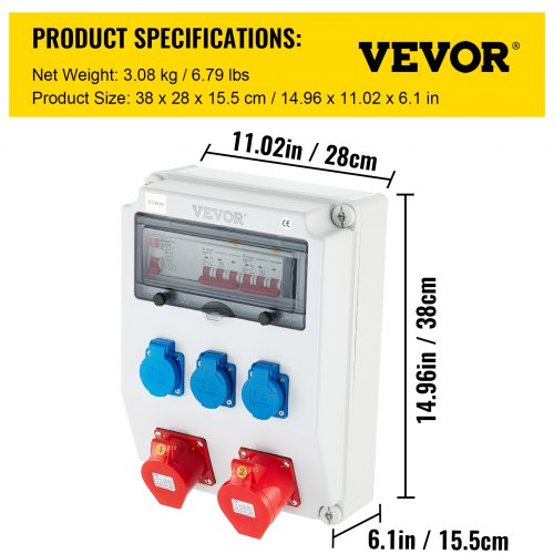 VEVOR Wall Power Distributor, ABS Plastic, Distribution Board with 3xSchuko Socket 230V/16A, 1xCEE Socket 400V/16A, 1xCEE Socket 400V/32A 5-Pin, FI Fuse, Circuit Breaker, for Outdoor Construction Site
