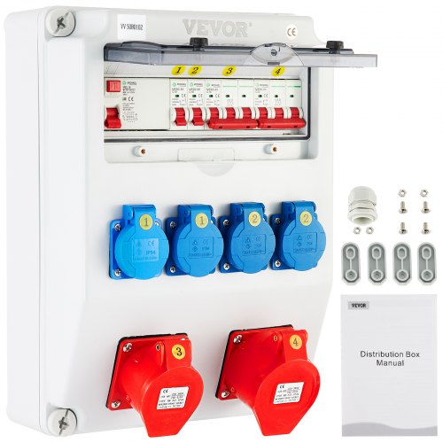 VEVOR Wall Power Distributor, ABS Plastic, Distribution Board with 4 x Schuko Socket 230V/16A Blue, 2 x CEE Socket 400V/16A 5-Pin Red, FI Fuse, 1/3-Pin Circuit Breaker, for Outdoor Construction Site