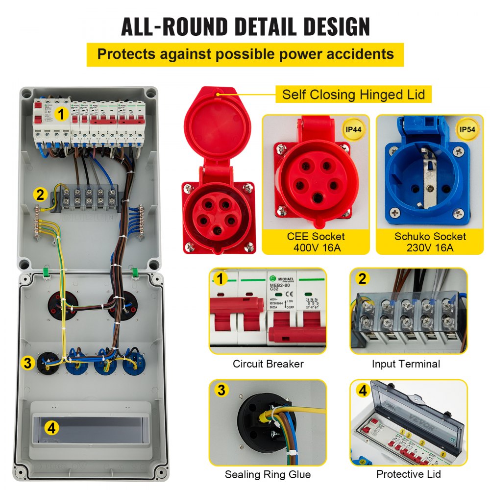 VEVOR Wall Power Distributor, ABS Plastic, Distribution Board with 4 x Schuko Socket 230V/16A Blue, 2 x CEE Socket 400V/16A 5-Pin Red, FI Fuse, 1/3-Pin Circuit Breaker, for Outdoor Construction Site