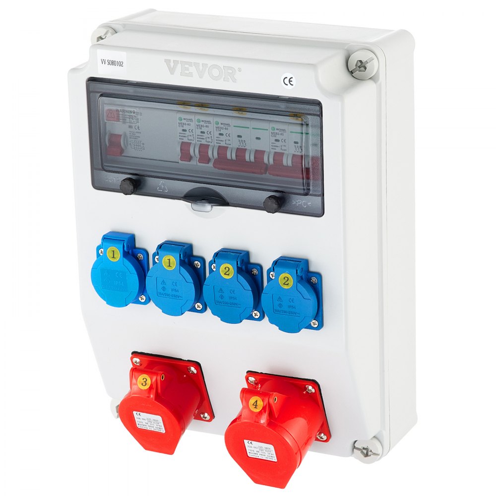 VEVOR Wall Power Distributor, ABS Plastic, Distribution Board with 4 x Schuko Socket 230V/16A Blue, 2 x CEE Socket 400V/16A 5-Pin Red, FI Fuse, 1/3-Pin Circuit Breaker, for Outdoor Construction Site