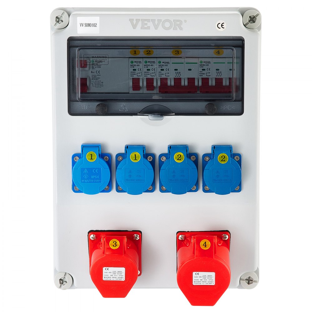 VEVOR Wall Power Distributor, ABS Plastic, Distribution Board with 4 x Schuko Socket 230V/16A Blue, 2 x CEE Socket 400V/16A 5-Pin Red, FI Fuse, 1/3-Pin Circuit Breaker, for Outdoor Construction Site