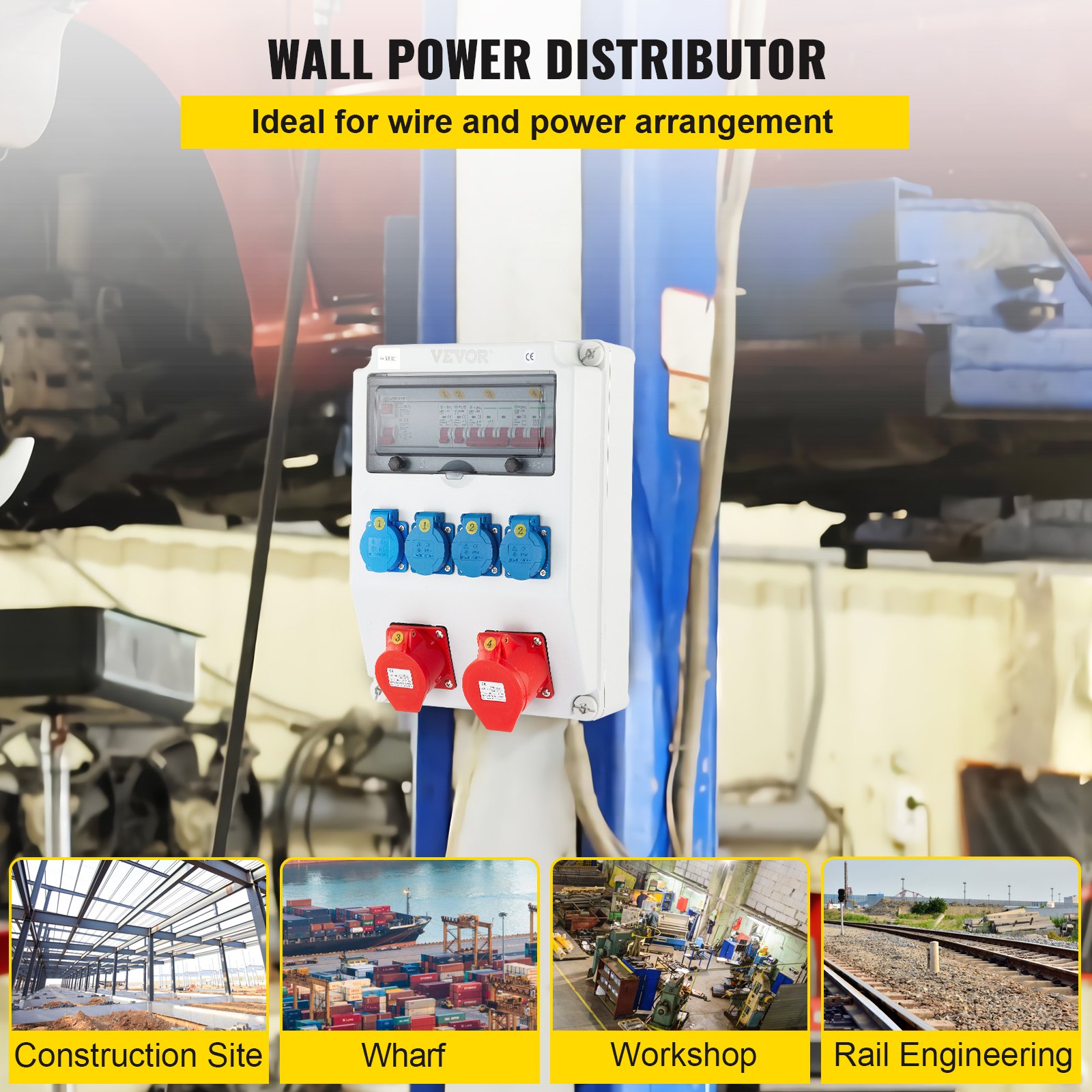 VEVOR Wall Power Distributor, ABS Plastic, Distribution Board with 4 x Schuko Socket 230V/16A Blue, 2 x CEE Socket 400V/16A 5-Pin Red, FI Fuse, 1/3-Pin Circuit Breaker, for Outdoor Construction Site