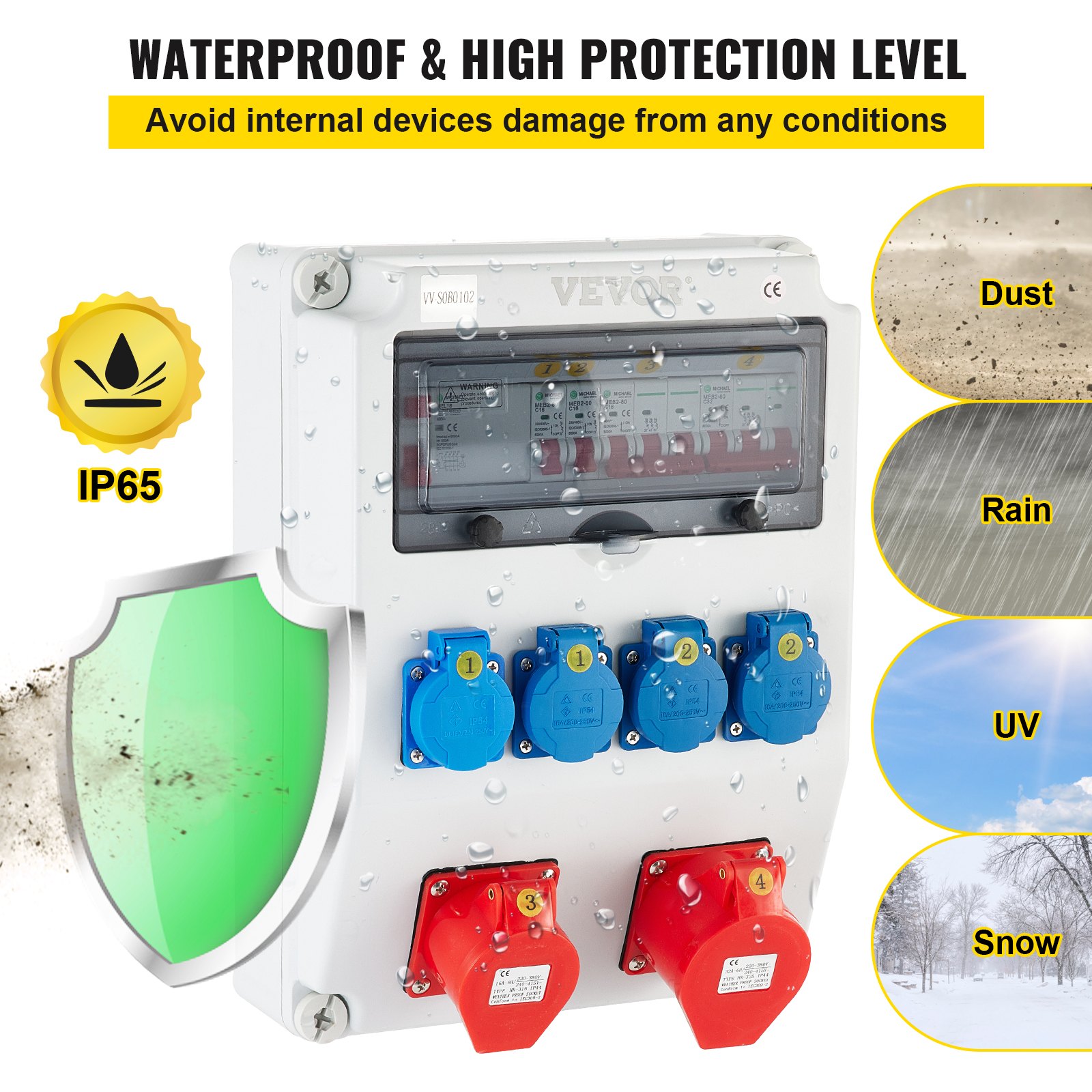 VEVOR Wall Power Distributor, ABS Plastic, Distribution Board with 4 x Schuko Socket 230V/16A Blue, 2 x CEE Socket 400V/16A 5-Pin Red, FI Fuse, 1/3-Pin Circuit Breaker, for Outdoor Construction Site