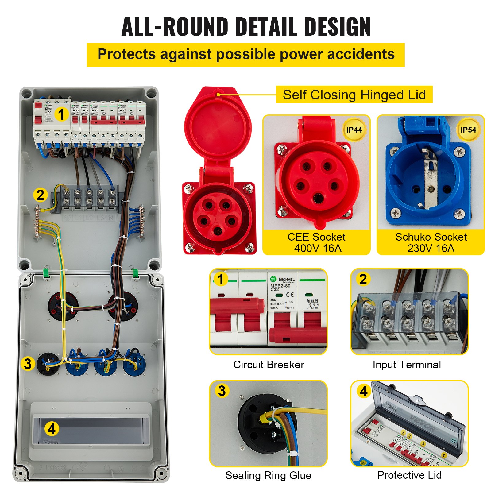 VEVOR Wall Power Distributor, ABS Plastic, Distribution Board with 4 x Schuko Socket 230V/16A Blue, 2 x CEE Socket 400V/16A 5-Pin Red, FI Fuse, 1/3-Pin Circuit Breaker, for Outdoor Construction Site