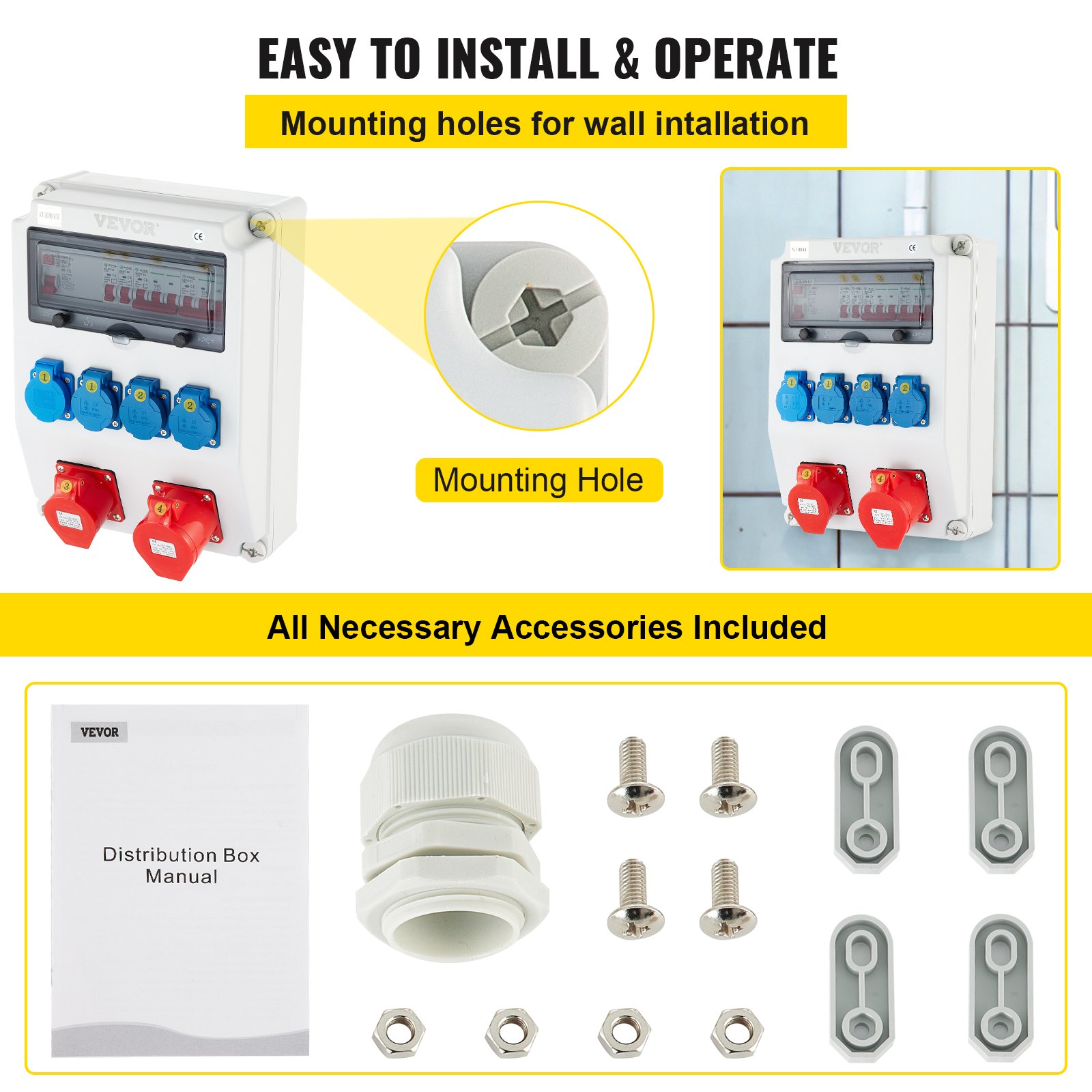 VEVOR Wall Power Distributor, ABS Plastic, Distribution Board with 4 x Schuko Socket 230V/16A Blue, 2 x CEE Socket 400V/16A 5-Pin Red, FI Fuse, 1/3-Pin Circuit Breaker, for Outdoor Construction Site
