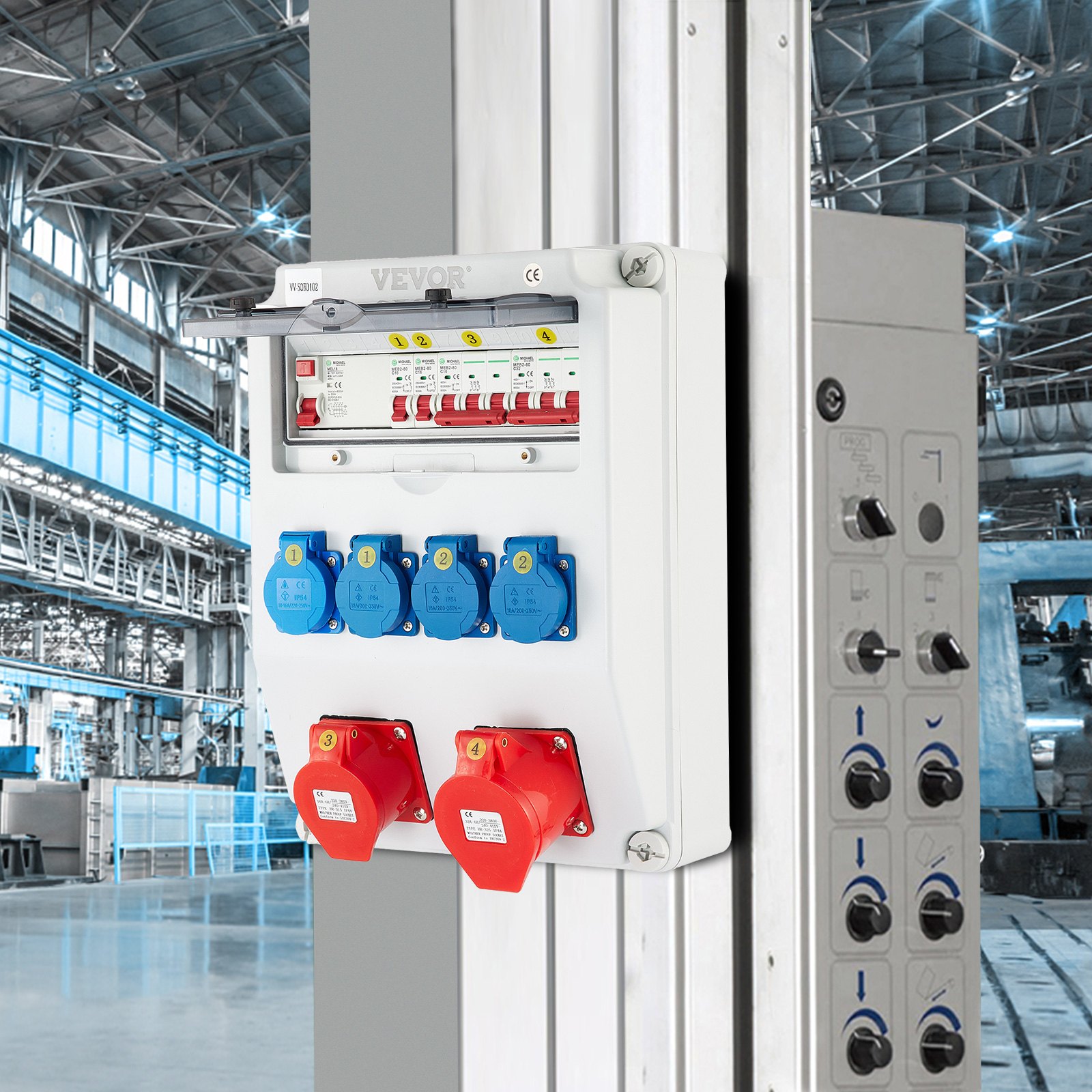 VEVOR Wall Power Distributor, ABS Plastic, Distribution Board with 4 x Schuko Socket 230V/16A Blue, 2 x CEE Socket 400V/16A 5-Pin Red, FI Fuse, 1/3-Pin Circuit Breaker, for Outdoor Construction Site