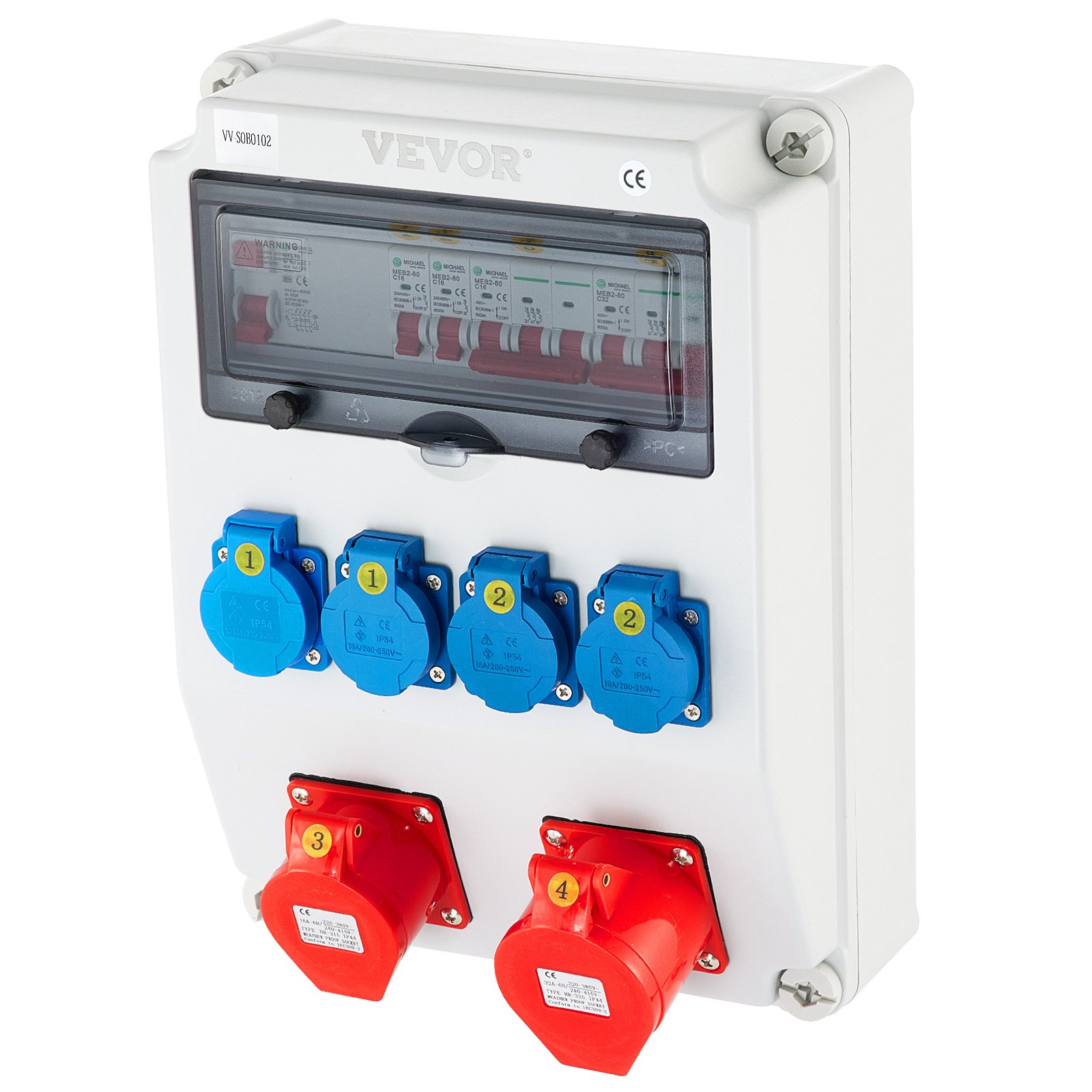 VEVOR Wall Power Distributor, ABS Plastic, Distribution Board with 4 x Schuko Socket 230V/16A Blue, 2 x CEE Socket 400V/16A 5-Pin Red, FI Fuse, 1/3-Pin Circuit Breaker, for Outdoor Construction Site