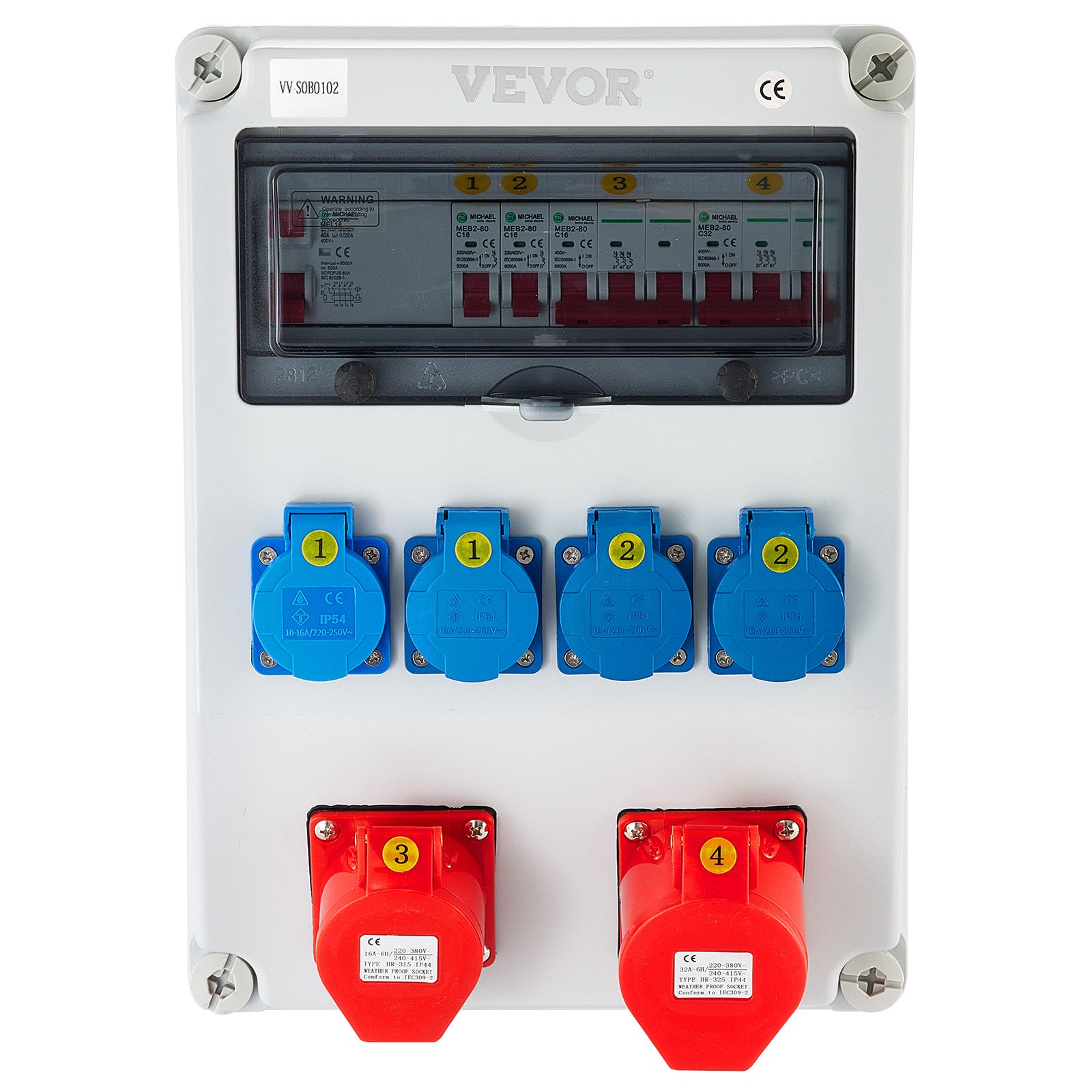 VEVOR Wall Power Distributor, ABS Plastic, Distribution Board with 4 x Schuko Socket 230V/16A Blue, 2 x CEE Socket 400V/16A 5-Pin Red, FI Fuse, 1/3-Pin Circuit Breaker, for Outdoor Construction Site