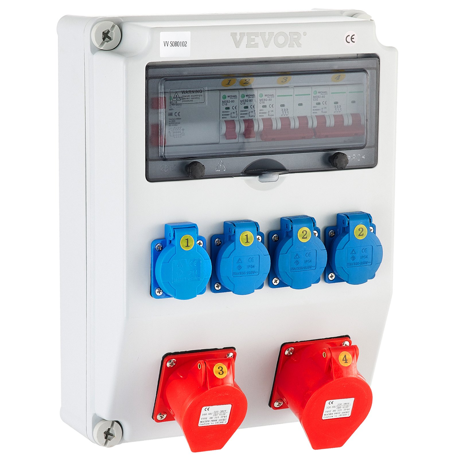 VEVOR Wall Power Distributor, ABS Plastic, Distribution Board with 4 x Schuko Socket 230V/16A Blue, 2 x CEE Socket 400V/16A 5-Pin Red, FI Fuse, 1/3-Pin Circuit Breaker, for Outdoor Construction Site