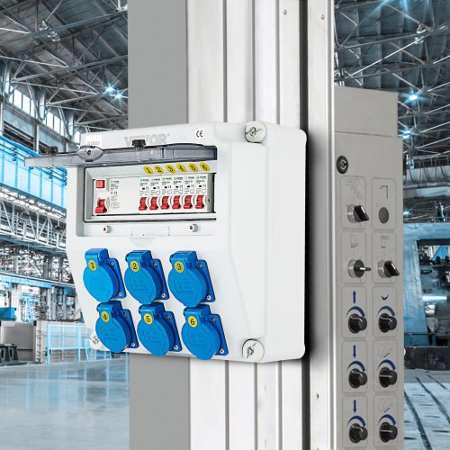 VEVOR Wall Power Distributor, ABS Plastic, Distribution Board with 6 x Schuko-Sockets 230 V 16 A Blue ABL IP54, 1 x FI Fuse 40A-30mA, 6 x 1-Pin LS C16A Circuit Breaker, for Outdoor Construction Site