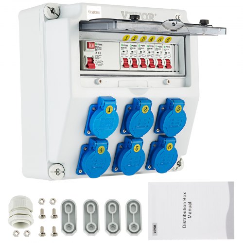 VEVOR Wall Power Distributor, ABS Plastic, Distribution Board with 6 x Schuko-Sockets 230 V 16 A Blue ABL IP54, 1 x FI Fuse 40A-30mA, 6 x 1-Pin LS C16A Circuit Breaker, for Outdoor Construction Site