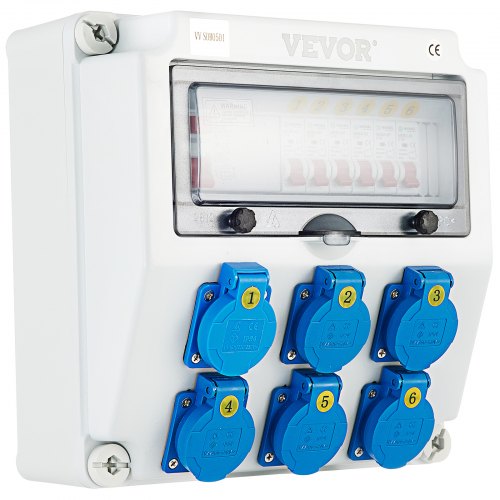 VEVOR Wall Power Distributor, ABS Plastic, Distribution Board with 6 x Schuko-Sockets 230 V 16 A Blue ABL IP54, 1 x FI Fuse 40A-30mA, 6 x 1-Pin LS C16A Circuit Breaker, for Outdoor Construction Site