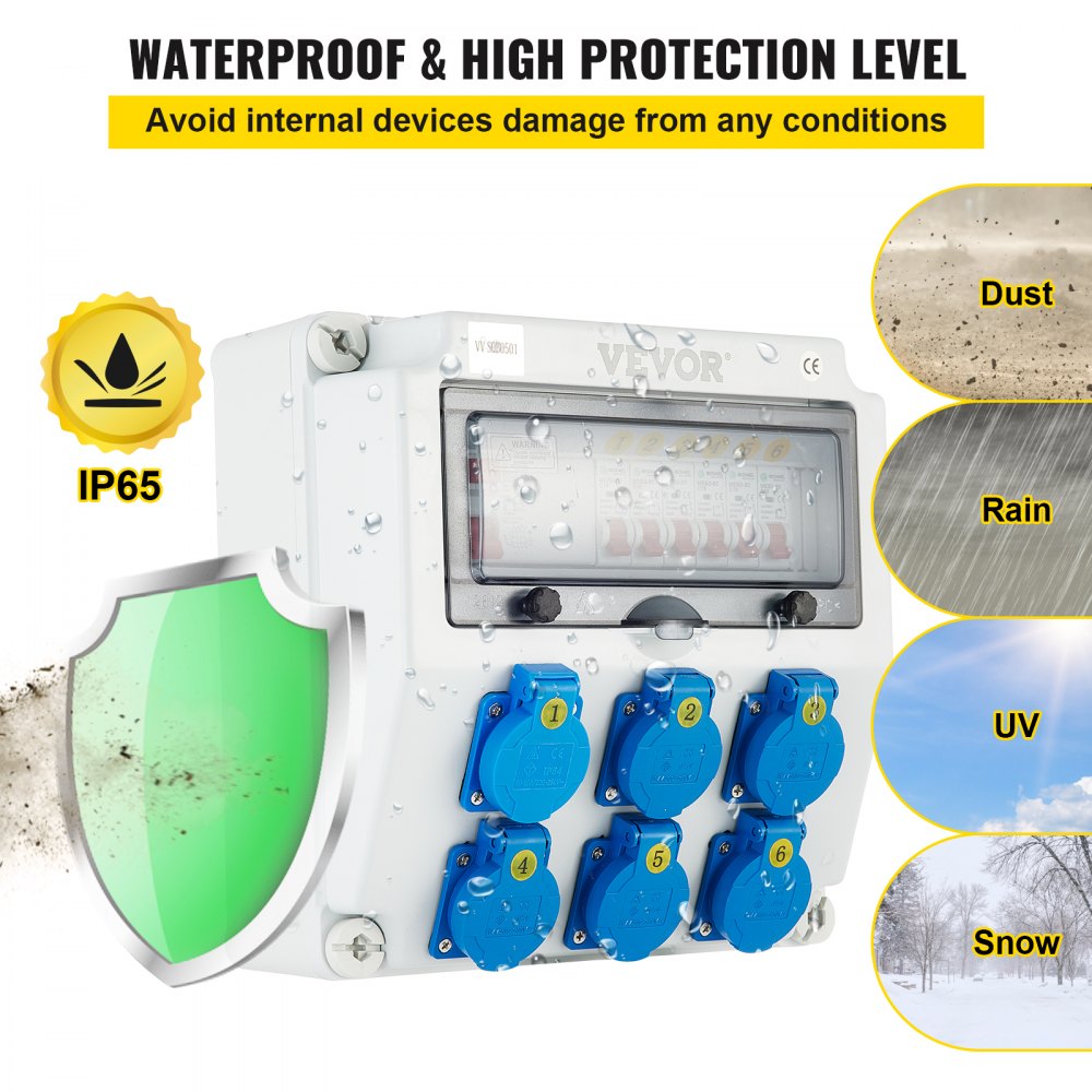 VEVOR Wall Power Distributor, ABS Plastic, Distribution Board with 6 x Schuko-Sockets 230 V 16 A Blue ABL IP54, 1 x FI Fuse 40A-30mA, 6 x 1-Pin LS C16A Circuit Breaker, for Outdoor Construction Site