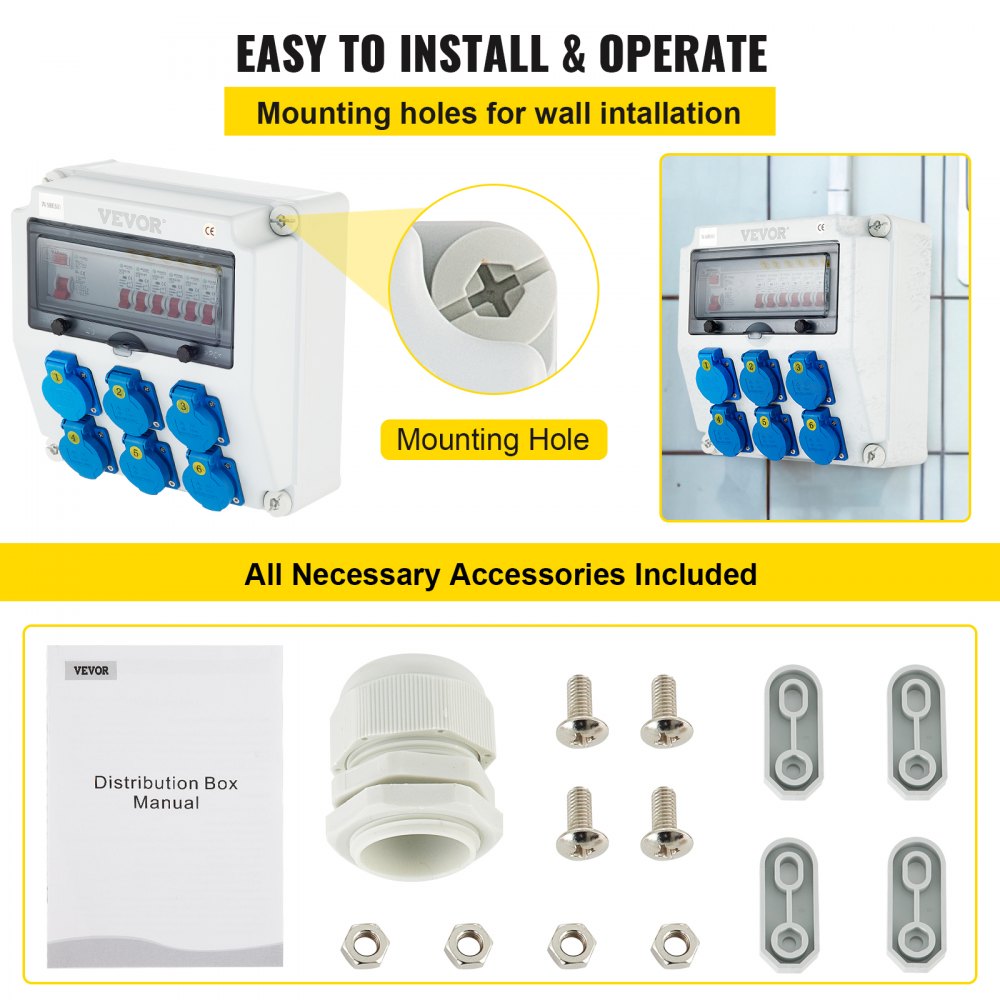 VEVOR Wall Power Distributor, ABS Plastic, Distribution Board with 6 x Schuko-Sockets 230 V 16 A Blue ABL IP54, 1 x FI Fuse 40A-30mA, 6 x 1-Pin LS C16A Circuit Breaker, for Outdoor Construction Site