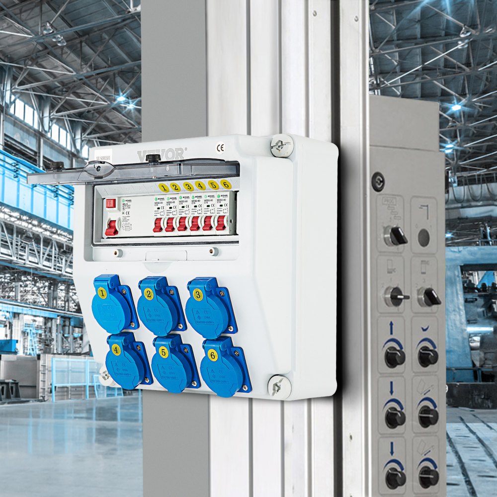 VEVOR Wall Power Distributor, ABS Plastic, Distribution Board with 6 x Schuko-Sockets 230 V 16 A Blue ABL IP54, 1 x FI Fuse 40A-30mA, 6 x 1-Pin LS C16A Circuit Breaker, for Outdoor Construction Site