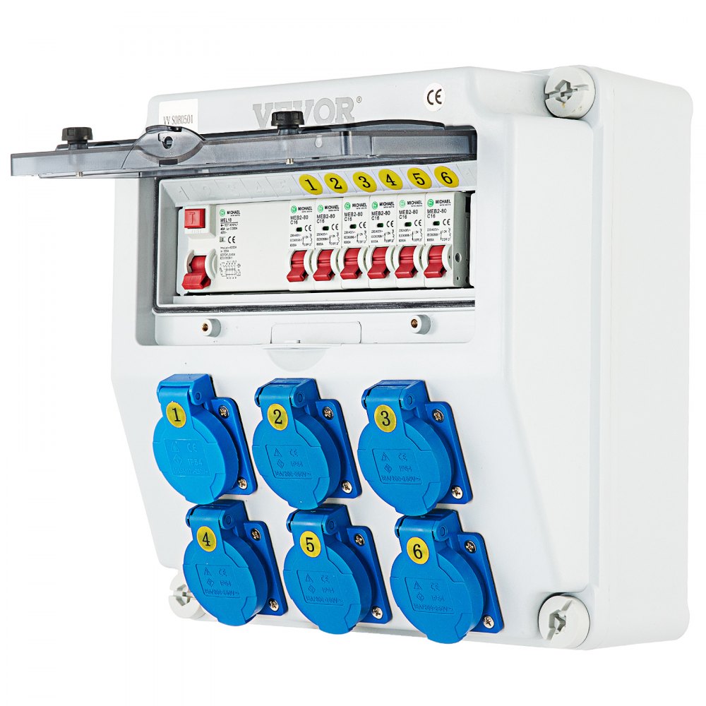 VEVOR Wall Power Distributor, ABS Plastic, Distribution Board with 6 x Schuko-Sockets 230 V 16 A Blue ABL IP54, 1 x FI Fuse 40A-30mA, 6 x 1-Pin LS C16A Circuit Breaker, for Outdoor Construction Site