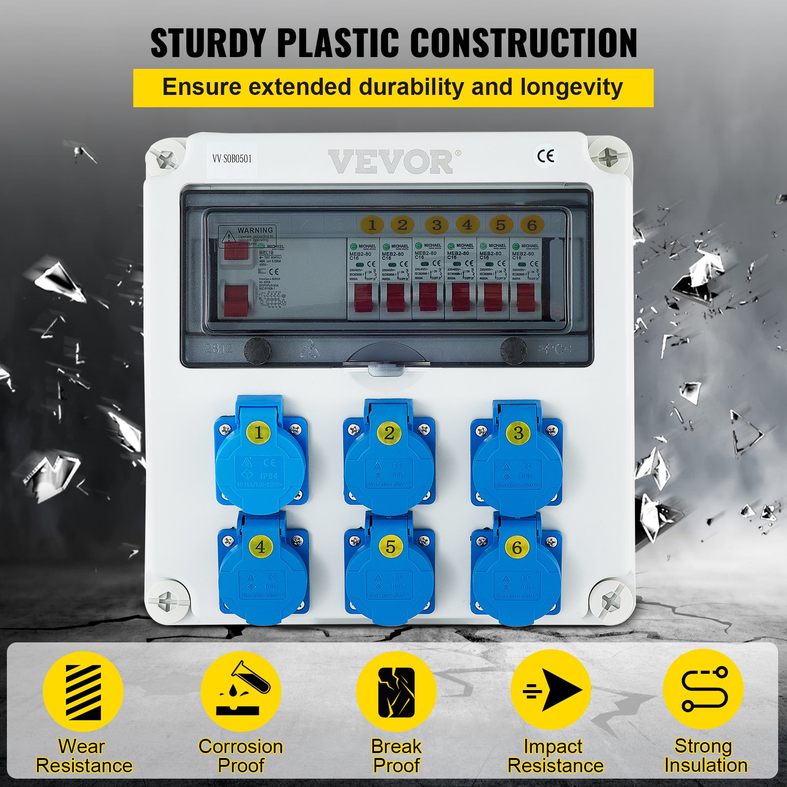 VEVOR Wall Power Distributor, ABS Plastic, Distribution Board with 6 x Schuko-Sockets 230 V 16 A Blue ABL IP54, 1 x FI Fuse 40A-30mA, 6 x 1-Pin LS C16A Circuit Breaker, for Outdoor Construction Site