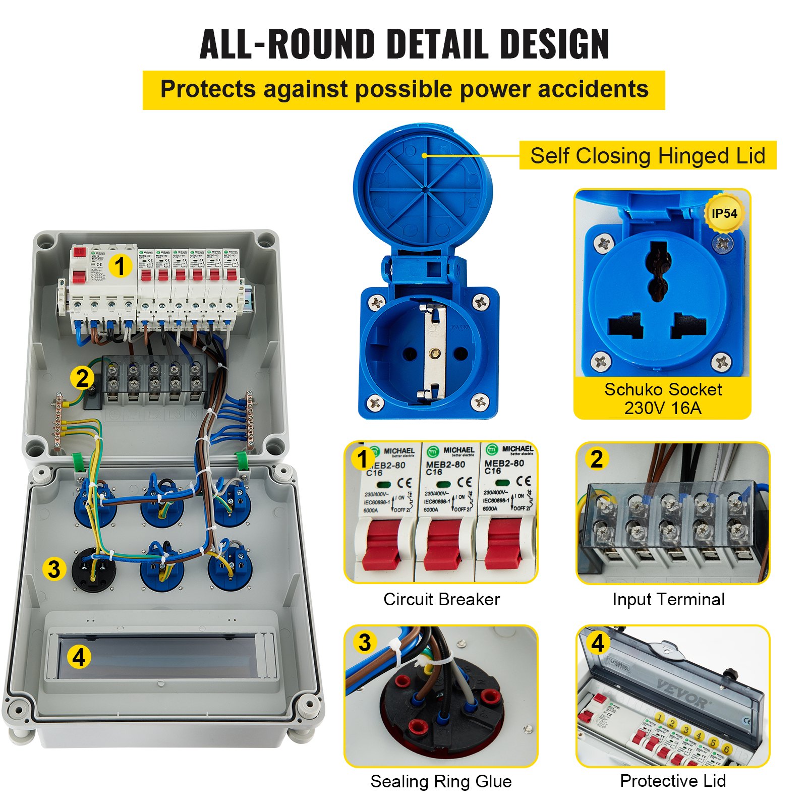 VEVOR Wall Power Distributor, ABS Plastic, Distribution Board with 6 x Schuko-Sockets 230 V 16 A Blue ABL IP54, 1 x FI Fuse 40A-30mA, 6 x 1-Pin LS C16A Circuit Breaker, for Outdoor Construction Site