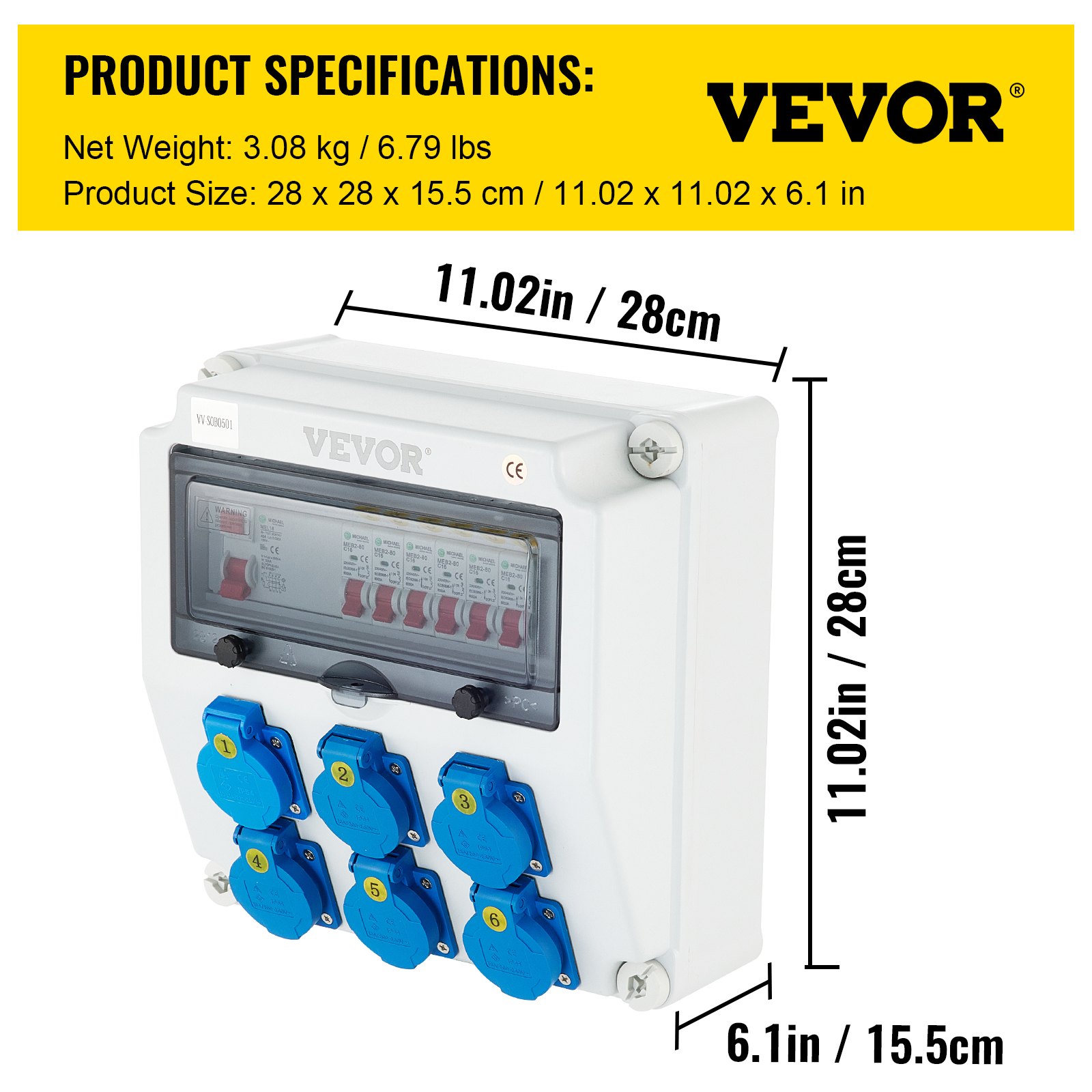 VEVOR Wall Power Distributor, ABS Plastic, Distribution Board with 6 x Schuko-Sockets 230 V 16 A Blue ABL IP54, 1 x FI Fuse 40A-30mA, 6 x 1-Pin LS C16A Circuit Breaker, for Outdoor Construction Site