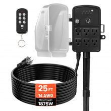 VEVOR - Regleta de enchufes para exteriores, cable de extensión de 7,6 m, resistente a la intemperie con cubierta, temporizador de luz de amanecer a anochecer con control remoto, 6 tomas de corriente, 1875 W/15 A, para luces navideñas y jardín