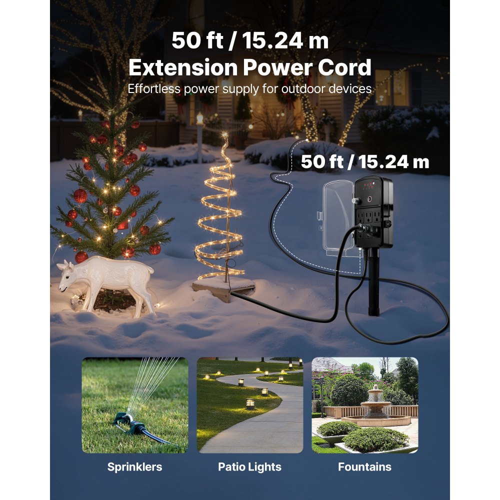 VEVOR Outdoor Power Stake, 50FT Extension Cord, Outdoor Power Strip Weatherproof with Cover, Remote Control Dusk to Dawn Light Timer Waterproof, 6 Outlets, 1875W/15A, for Christmas Lights, Garden