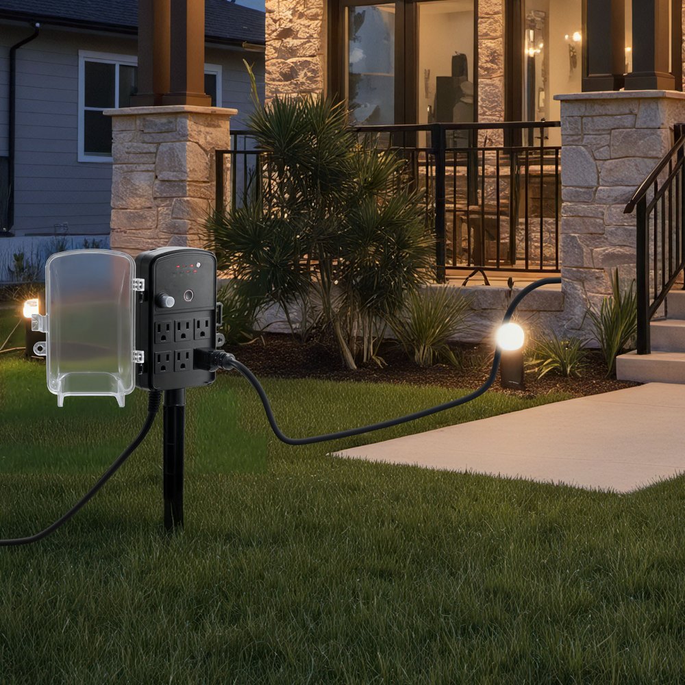 VEVOR Outdoor Power Stake, 50FT Extension Cord, Outdoor Power Strip Weatherproof with Cover, Remote Control Dusk to Dawn Light Timer Waterproof, 6 Outlets, 1875W/15A, for Christmas Lights, Garden