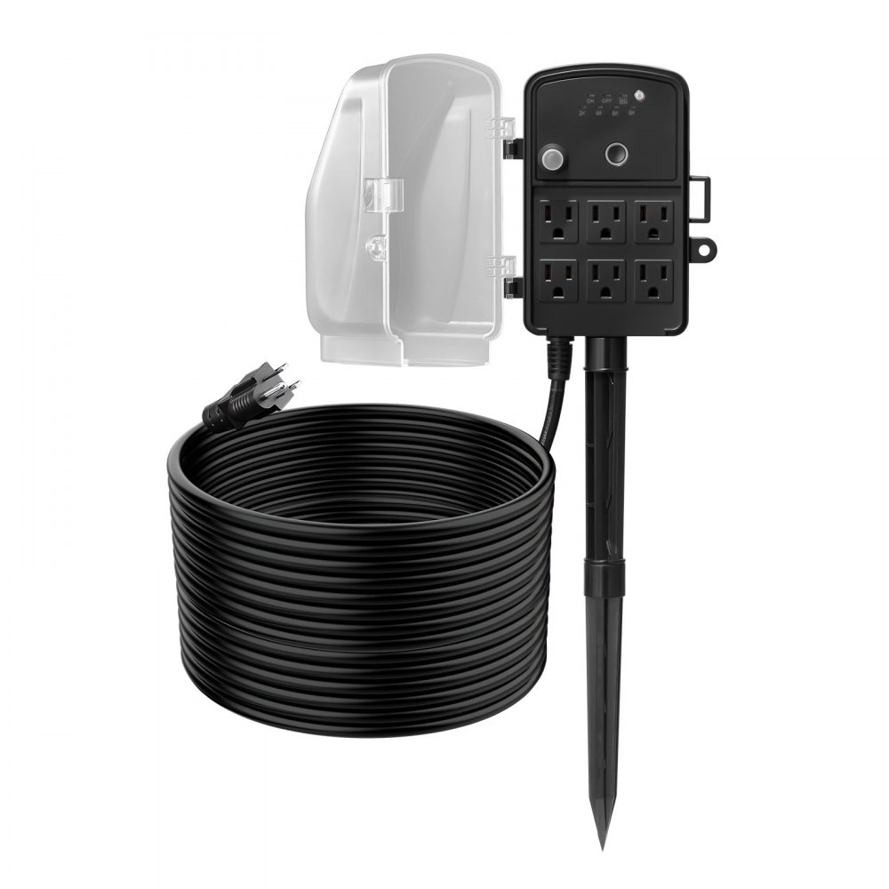 VEVOR Outdoor Power Stake, 50FT Extension Cord, Outdoor Power Strip Weatherproof with Cover, Remote Control Dusk to Dawn Light Timer Waterproof, 6 Outlets, 1875W/15A, for Christmas Lights, Garden