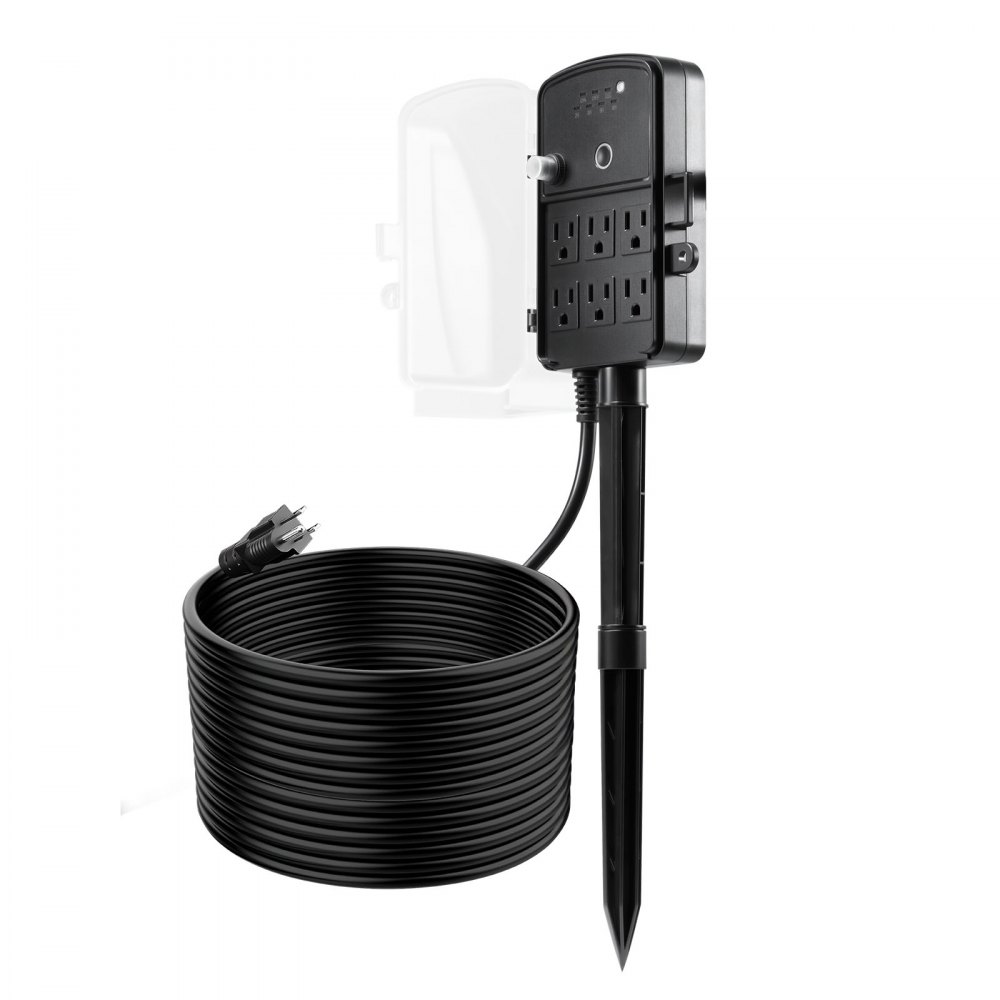 VEVOR Outdoor Power Stake, 50FT Extension Cord, Outdoor Power Strip Weatherproof with Cover, Remote Control Dusk to Dawn Light Timer Waterproof, 6 Outlets, 1875W/15A, for Christmas Lights, Garden