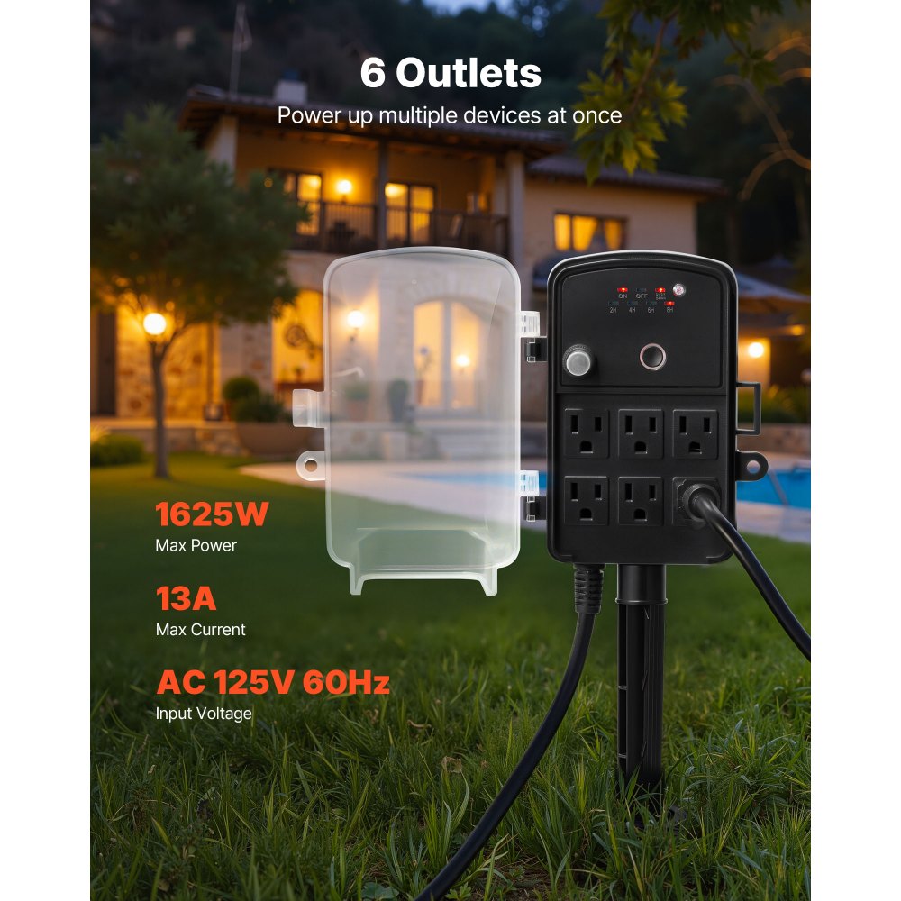 VEVOR Outdoor Power Stake, 100FT Extension Cord, Outdoor Power Strip Weatherproof with Cover, Remote Control Dusk to Dawn Light Timer Waterproof, 6 Outlets, 1625W/13A, for Christmas Lights, Garden