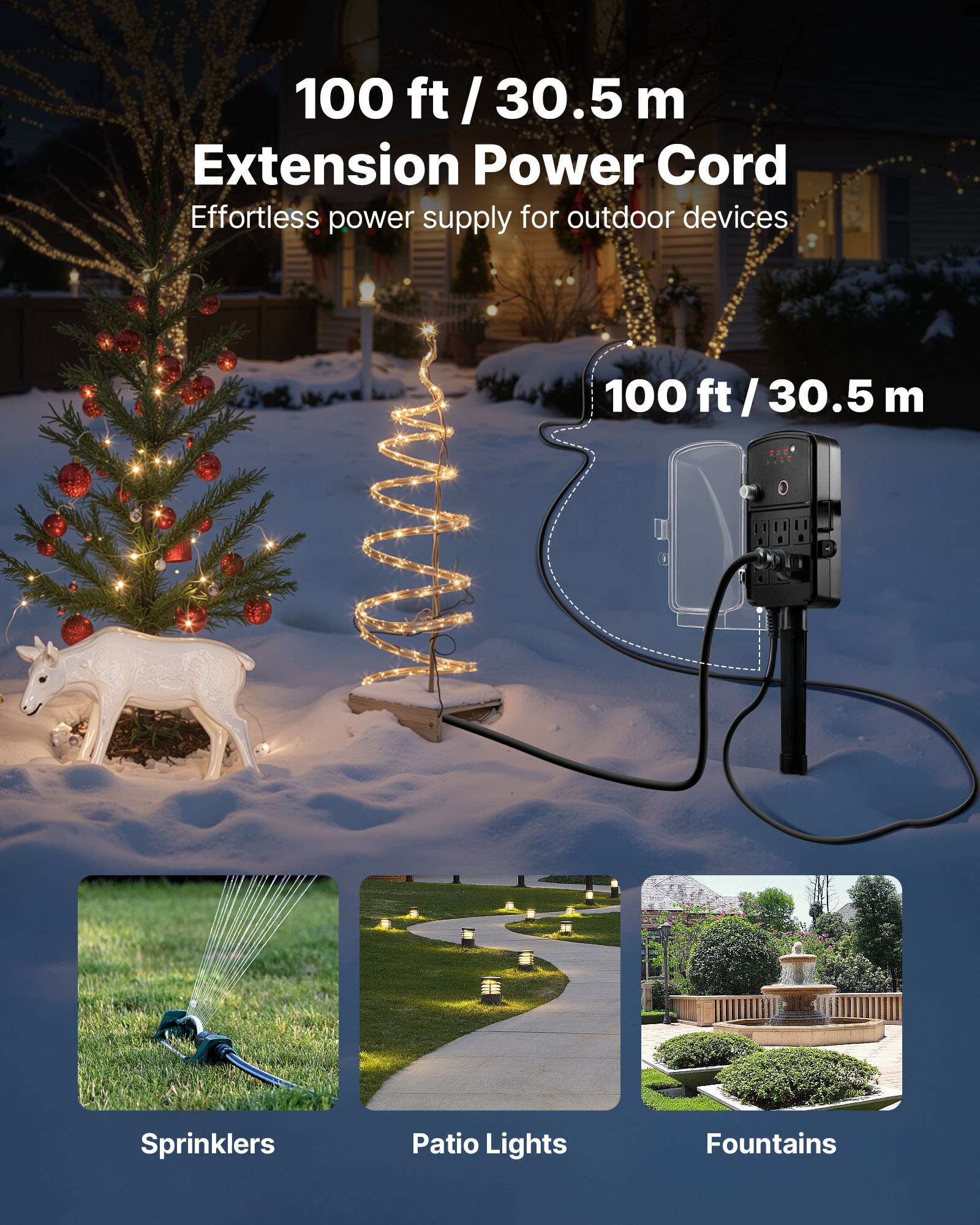 VEVOR Outdoor Power Stake, 100FT Extension Cord, Outdoor Power Strip Weatherproof with Cover, Remote Control Dusk to Dawn Light Timer Waterproof, 6 Outlets, 1625W/13A, for Christmas Lights, Garden