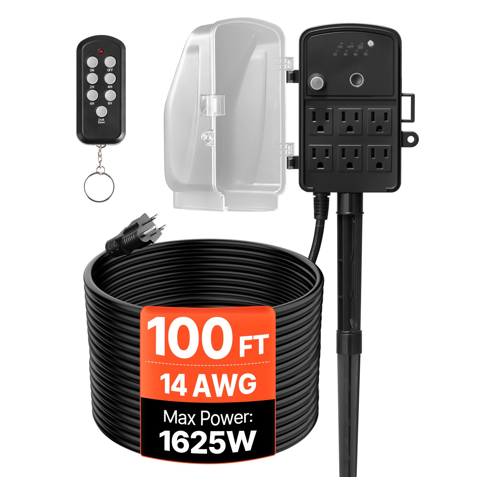 VEVOR Outdoor Power Stake, 100FT Extension Cord, Outdoor Power Strip Weatherproof with Cover, Remote Control Dusk to Dawn Light Timer Waterproof, 6 Outlets, 1625W/13A, for Christmas Lights, Garden