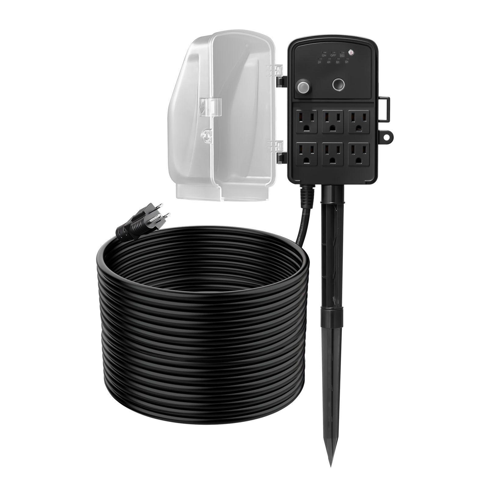 VEVOR Outdoor Power Stake, 100FT Extension Cord, Outdoor Power Strip Weatherproof with Cover, Remote Control Dusk to Dawn Light Timer Waterproof, 6 Outlets, 1625W/13A, for Christmas Lights, Garden
