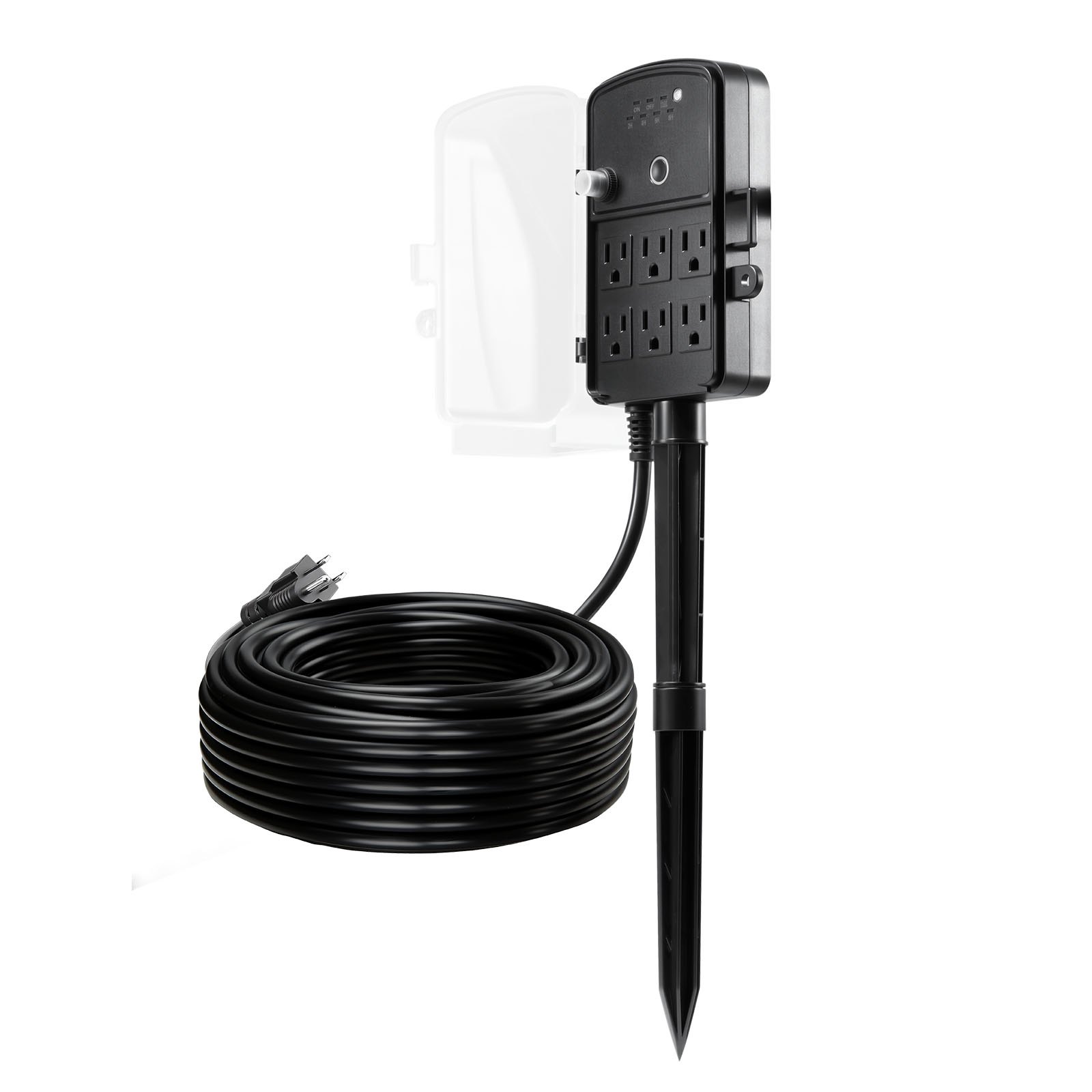 VEVOR Outdoor Power Stake, 100FT Extension Cord, Outdoor Power Strip Weatherproof with Cover, Remote Control Dusk to Dawn Light Timer Waterproof, 6 Outlets, 1625W/13A, for Christmas Lights, Garden